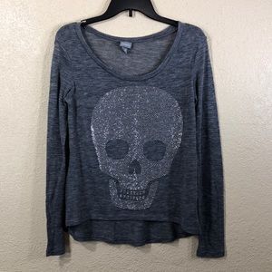 Vanity Knit Top Blouse Gray M w/Skull Embellished Stretchy Pullover Long Sleeve